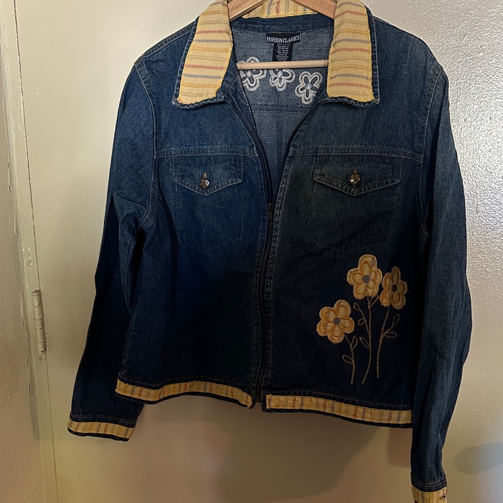 Fashion Classics Denim Jacket with Yellow Floral Design